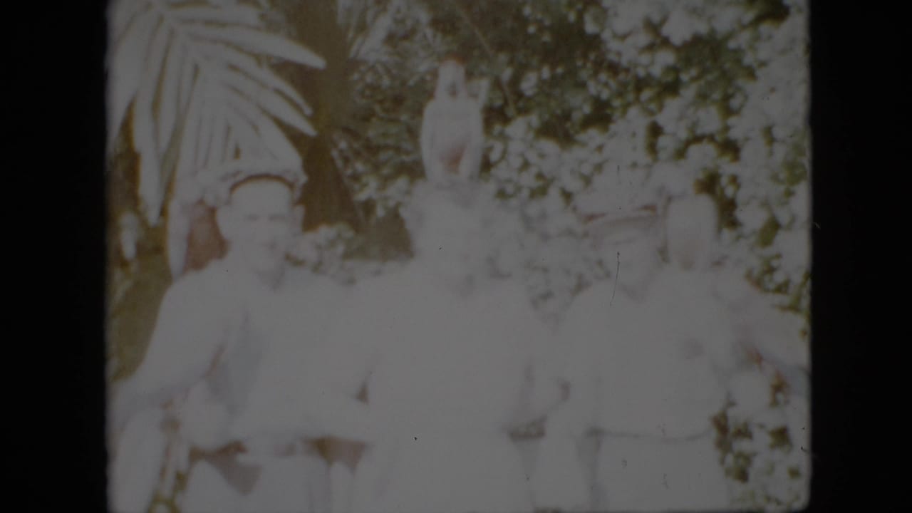 1958 Pennsylvania frame with adults in light clothing gathered near foliage and a tall pale garden statue or sculpture, captured in faded 8mm color.