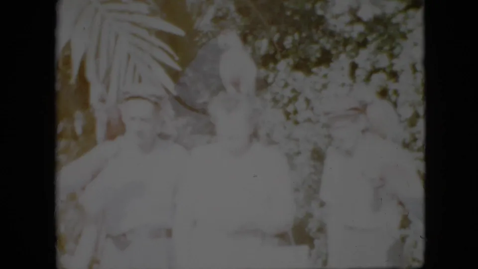 1958 Pennsylvania home-movie still with adults gathered in a planted outdoor area while parrots appear perched or held near them, partly obscured by overexposure.