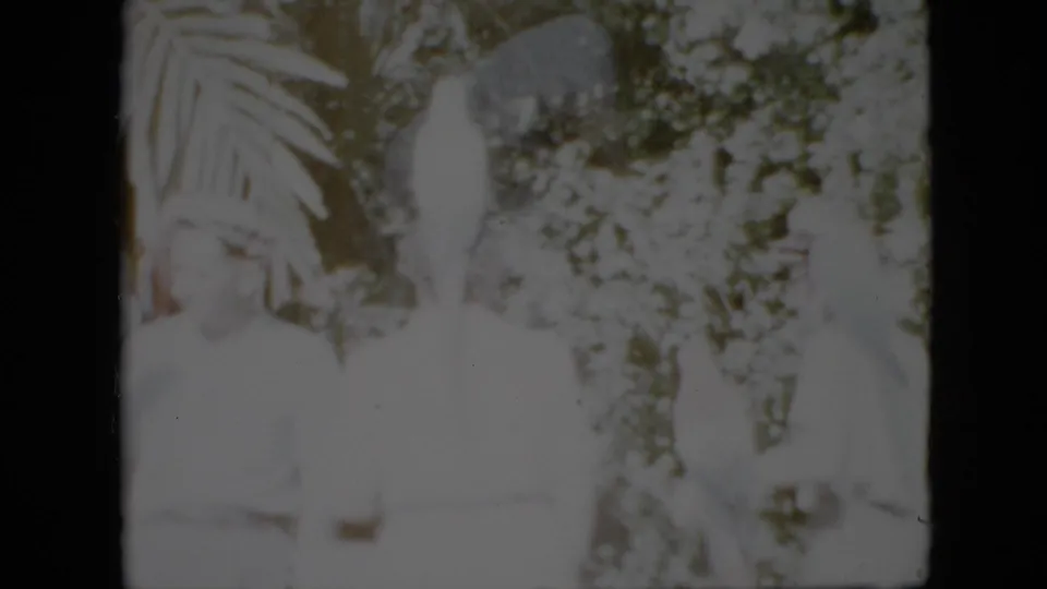 1958 Pennsylvania home-movie frame with adults and parrots faintly visible in a bright, overexposed garden scene, bordered by the scanned 8mm frame.