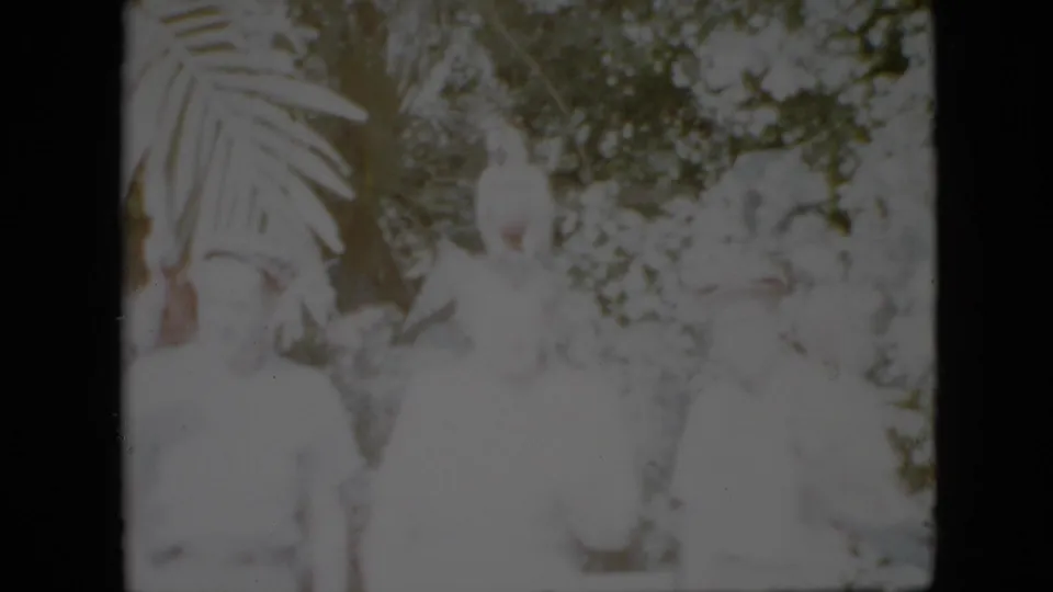 The closing frame shows the group still facing the camera in an outdoor Pennsylvania scene, surrounded by foliage and a perched white bird, with heavy overexposure obscuring details.