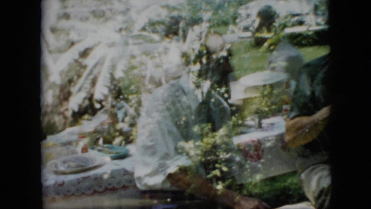 Outdoor family picnic table with seated adults, tableware, and a standing figure near the right edge.