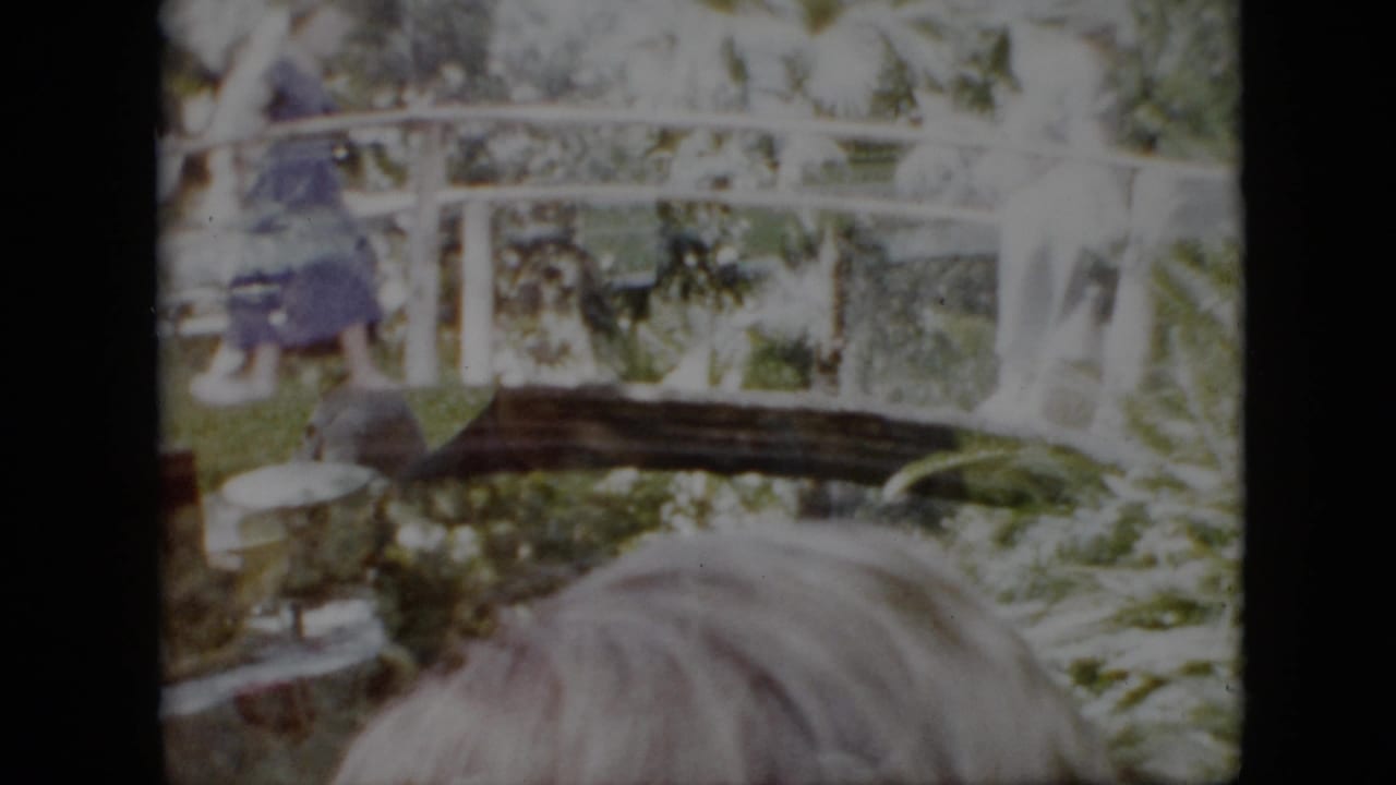 Person in a dark dress crosses a white bridge in a leafy park setting.