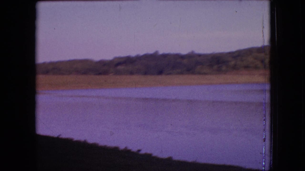 Still lake view with a sandy shore and tree-covered ridge in the distance.