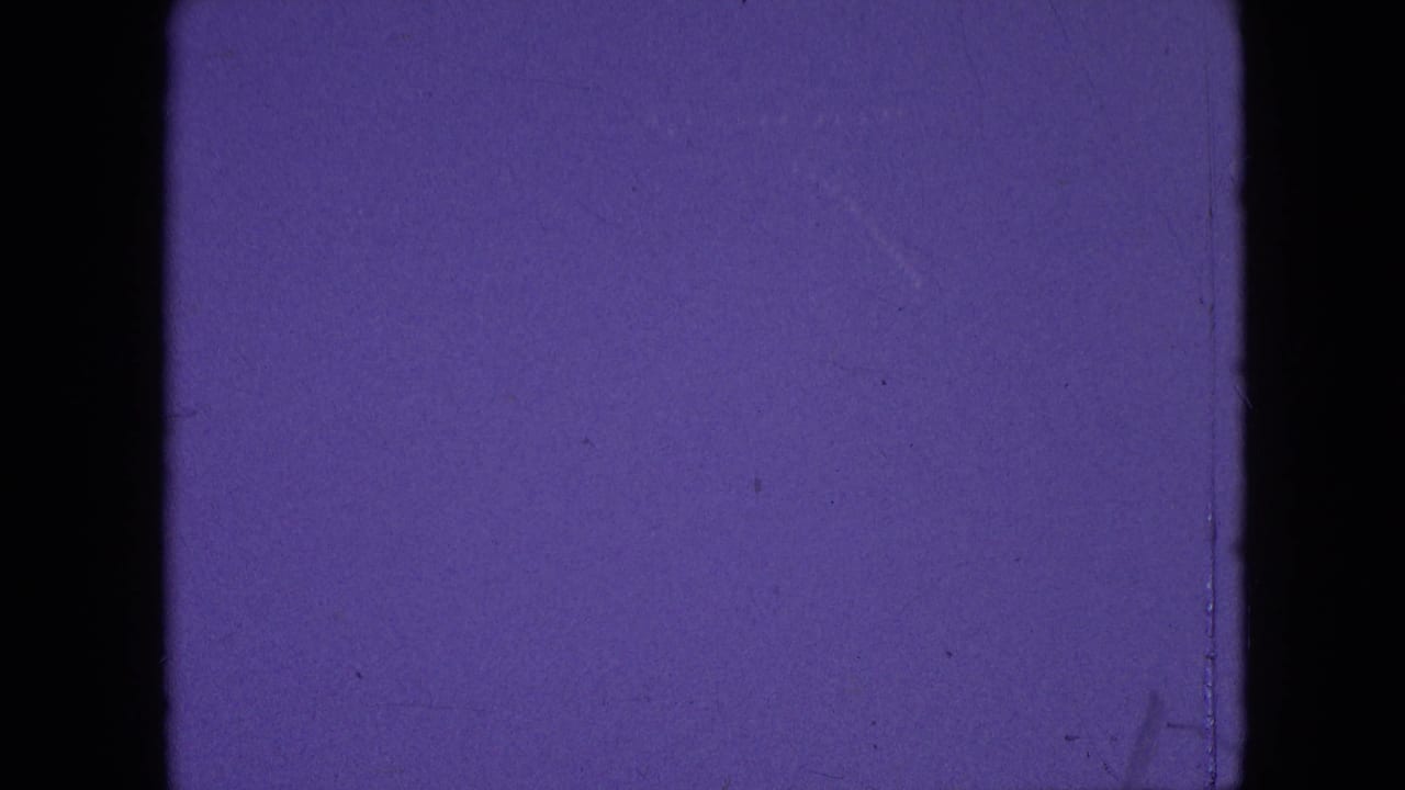 Purple-tinted 1964 8mm leader frame associated with Philadelphia metadata, showing black film edges, grain, dust specks, and fine scratches.