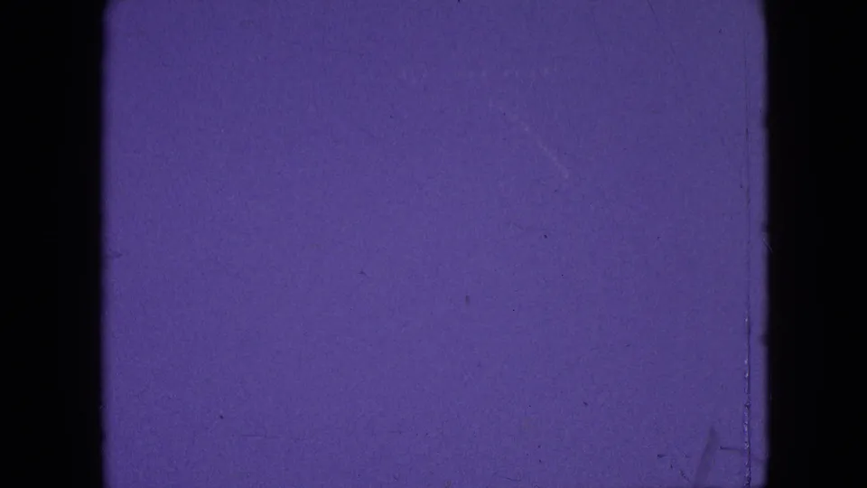 Purple-tinted 1964 8mm leader frame associated with Philadelphia metadata, showing black film edges, grain, dust specks, and fine scratches.