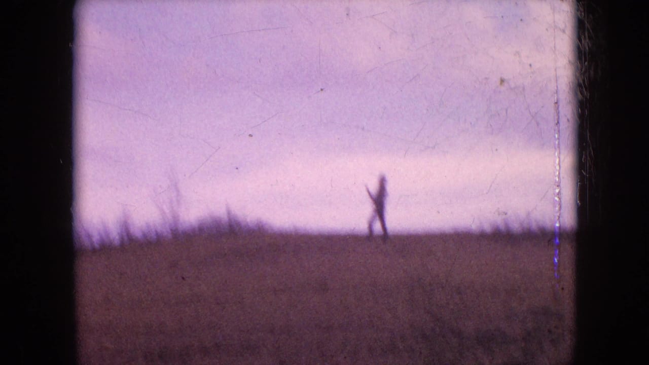 Distant person with raised arms on a field ridge under a pale sky.