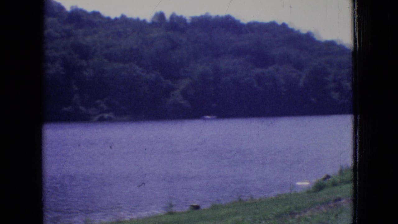 1965 New Jersey 8mm frame looking across a lake toward a dense wooded hillside, with grassy shoreline visible along the right foreground.