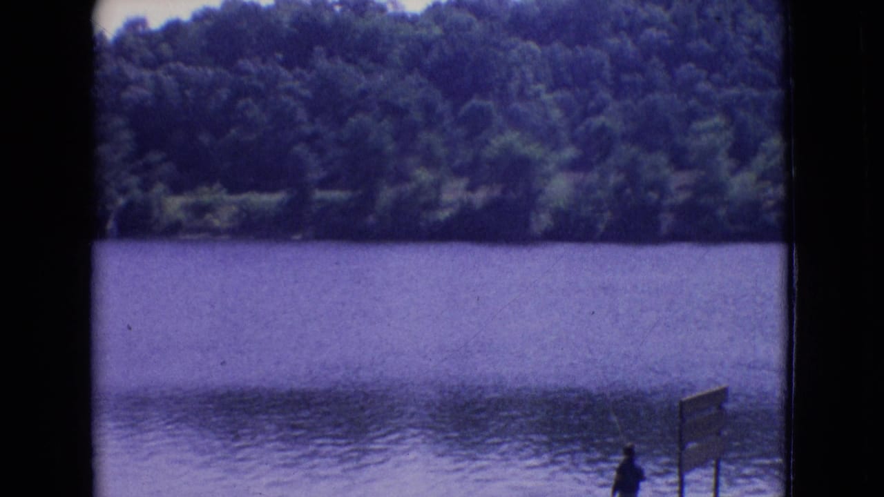 Wooded lake view with a small person and signpost near the lower right edge.