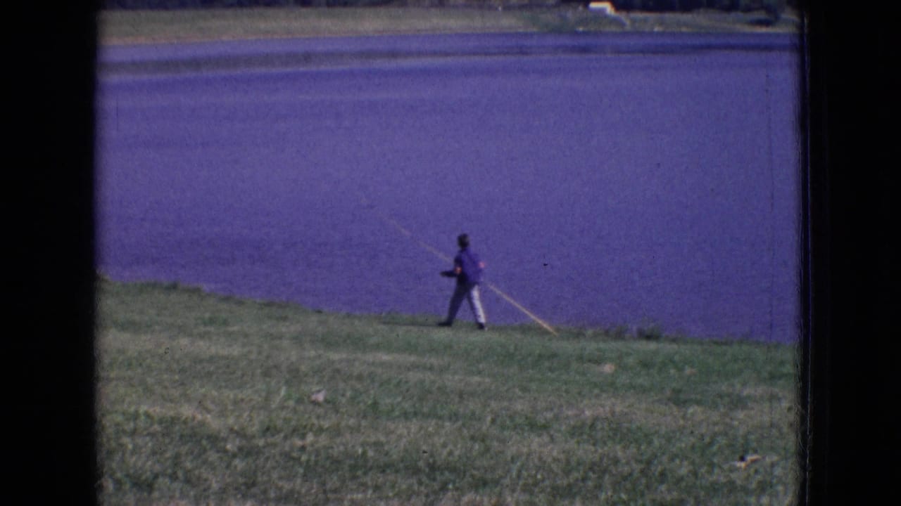 Person walking with a fishing rod beside blue lake water and grass.