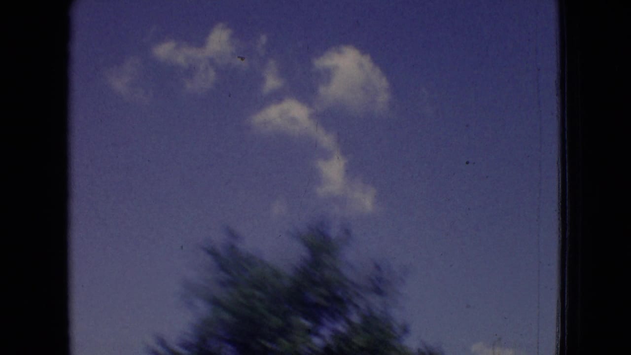 Cloudy blue sky above blurred roadside trees seen from a moving vehicle.