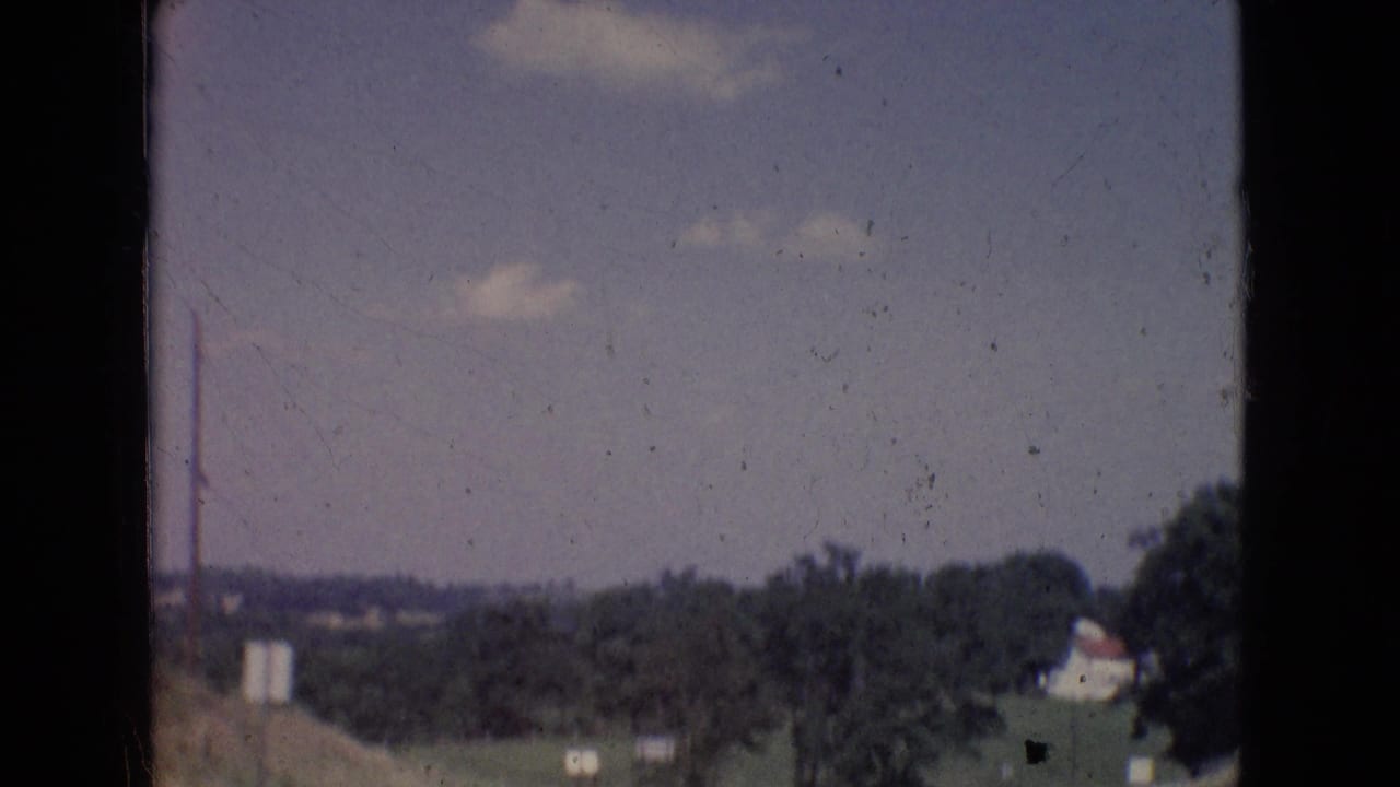 Distant rural horizon with trees, sky, and a small tower-like structure.