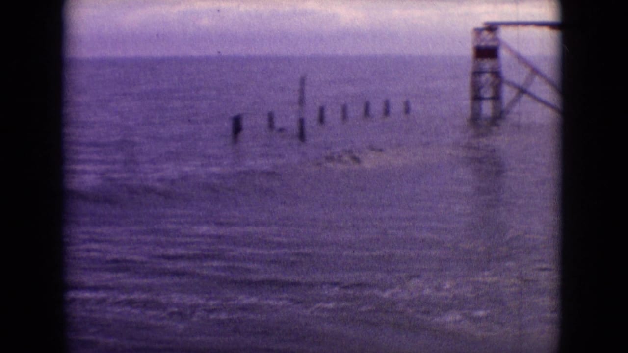 Ocean water with posts and the edge of a pier structure under an overcast sky.