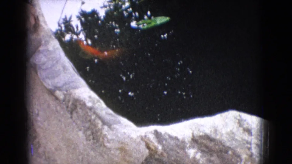 1965 New Jersey 8mm frame showing orange goldfish beneath a dark reflective pond surface beside a pale stone border.