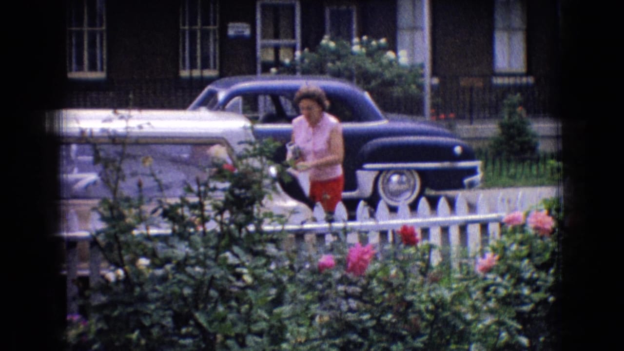 Woman stands beside a blue classic sedan behind a white picket fence and rose garden.