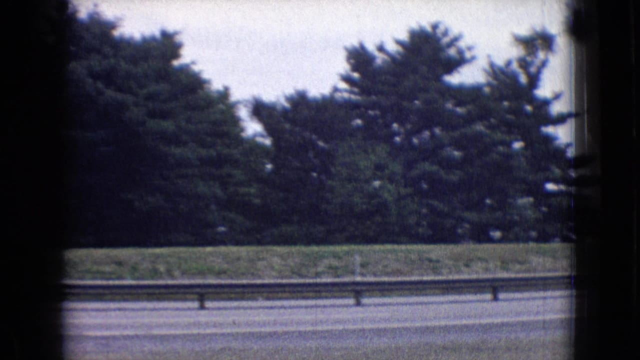 Wooded roadside beyond a highway guardrail seen through dark film-frame edges.