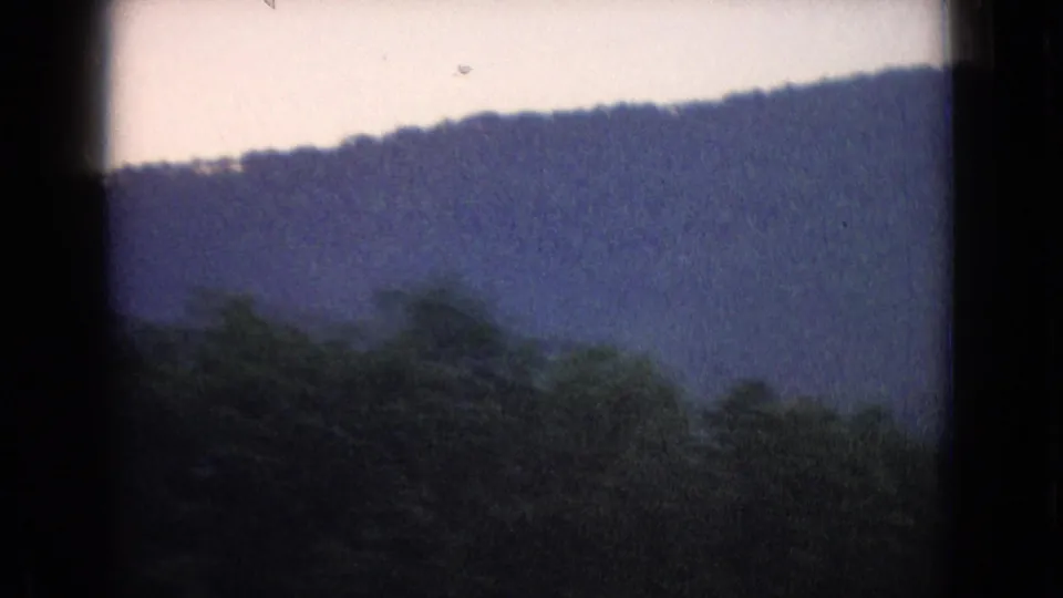 1965 New Jersey 8mm frame showing a wooded hillside, dark lower tree line, and pale sky with visible grain and soft home-movie exposure.