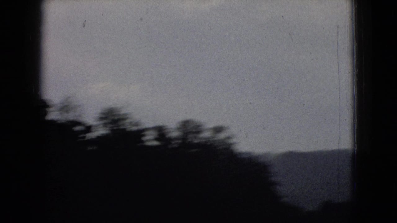 A moving 8mm view of dark trees and distant hills along a New Jersey road, with motion blur and heavy shadow.