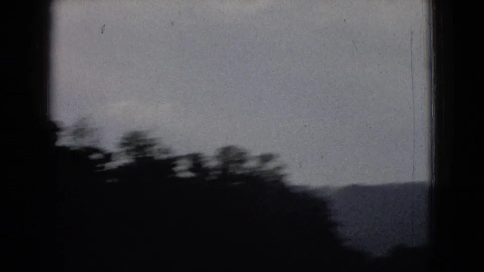 A moving 8mm view of dark trees and distant hills along a New Jersey road, with motion blur and heavy shadow.