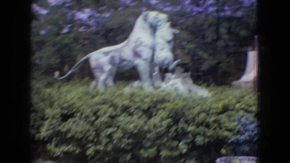 1965 New Jersey 8mm frame with the lion statue viewed from a slightly shifted angle above dense hedges, with trees and a pale curved structure behind it.