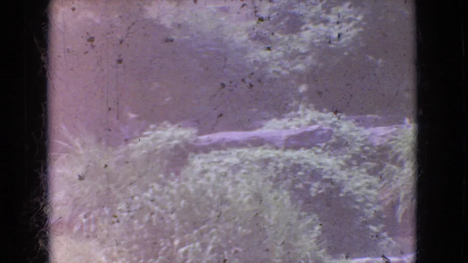 Faded 8mm frame from the New Jersey clip showing pale water or reflected surface, low rocks, grass, and visible film dust and scratches.