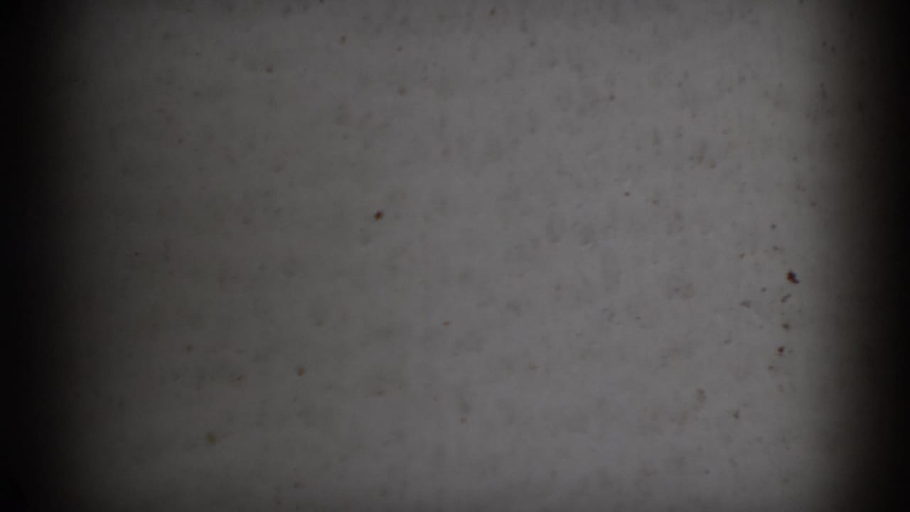 Blank gray screen surface with a dark vertical band and scattered specks.