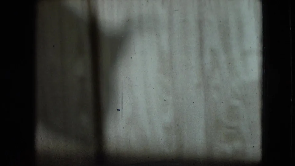 Pale wood-grain wall surface in a 1966 8mm home-movie frame, with dark shadowing at the lower left and visible dust marks.