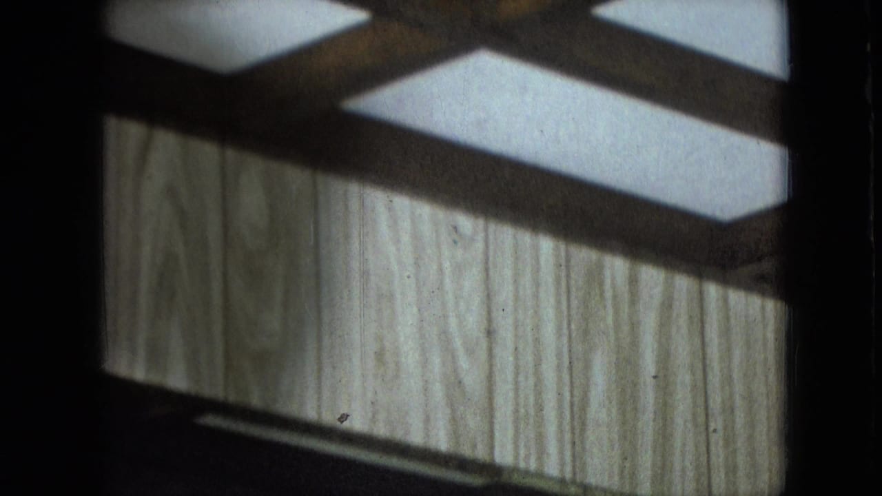 Athens, Ohio 1966 home-movie frame showing light wood paneling, dark framing, and reflected interior light with no clearly visible person.