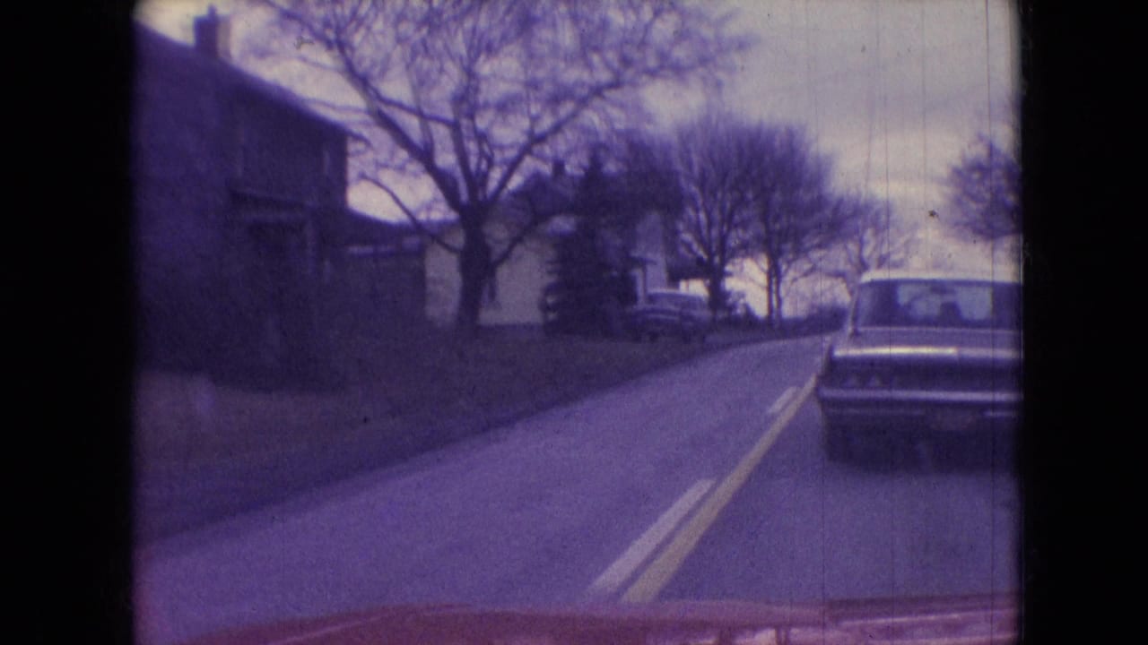 A sedan drives ahead on a curving residential road lined with leafless trees and houses.