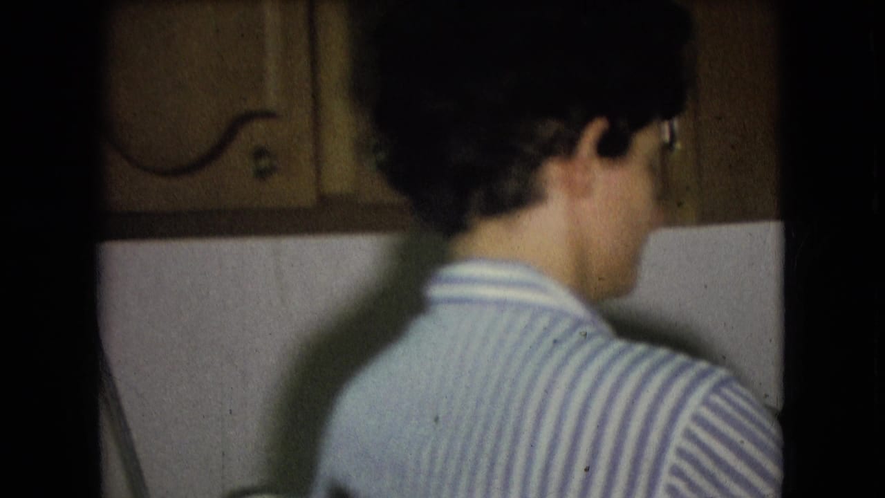 In a 1966 Athens, Ohio home kitchen, a woman in a striped shirt and purple apron stands with her back to the camera near dessert plates and wooden cabinets.