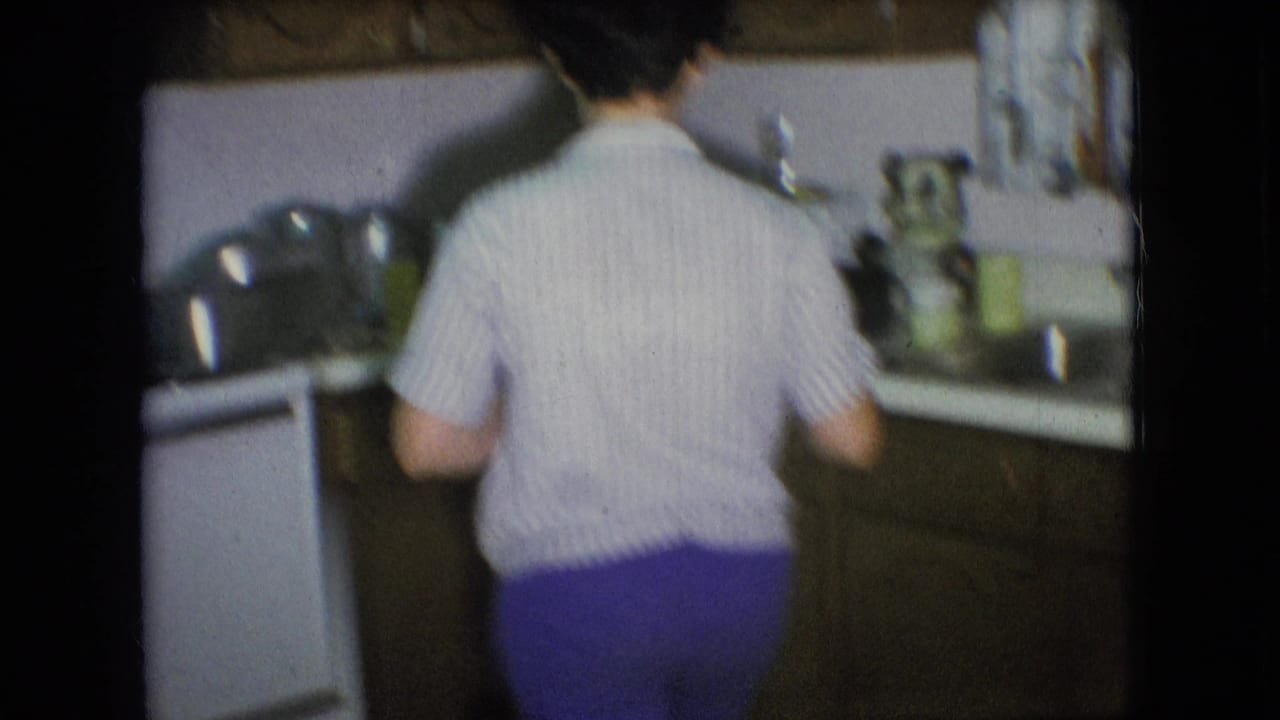 In the 1966 Athens, Ohio home-movie footage, an adult is seen from behind at a kitchen counter in a softly focused private interior.
