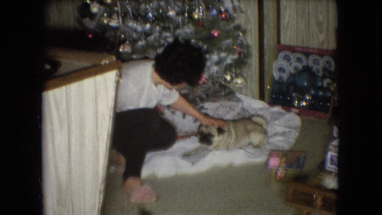 In this 1966 Athens, Ohio home-movie frame, a person kneels to pet a pug lying on a white blanket beneath a decorated Christmas tree in a wood-paneled room.