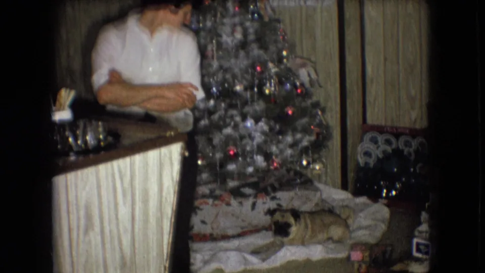 An adult in a white shirt stands with arms crossed beside the decorated Christmas tree, with the pug still lying on the blanket below in the Athens, Ohio home interior.