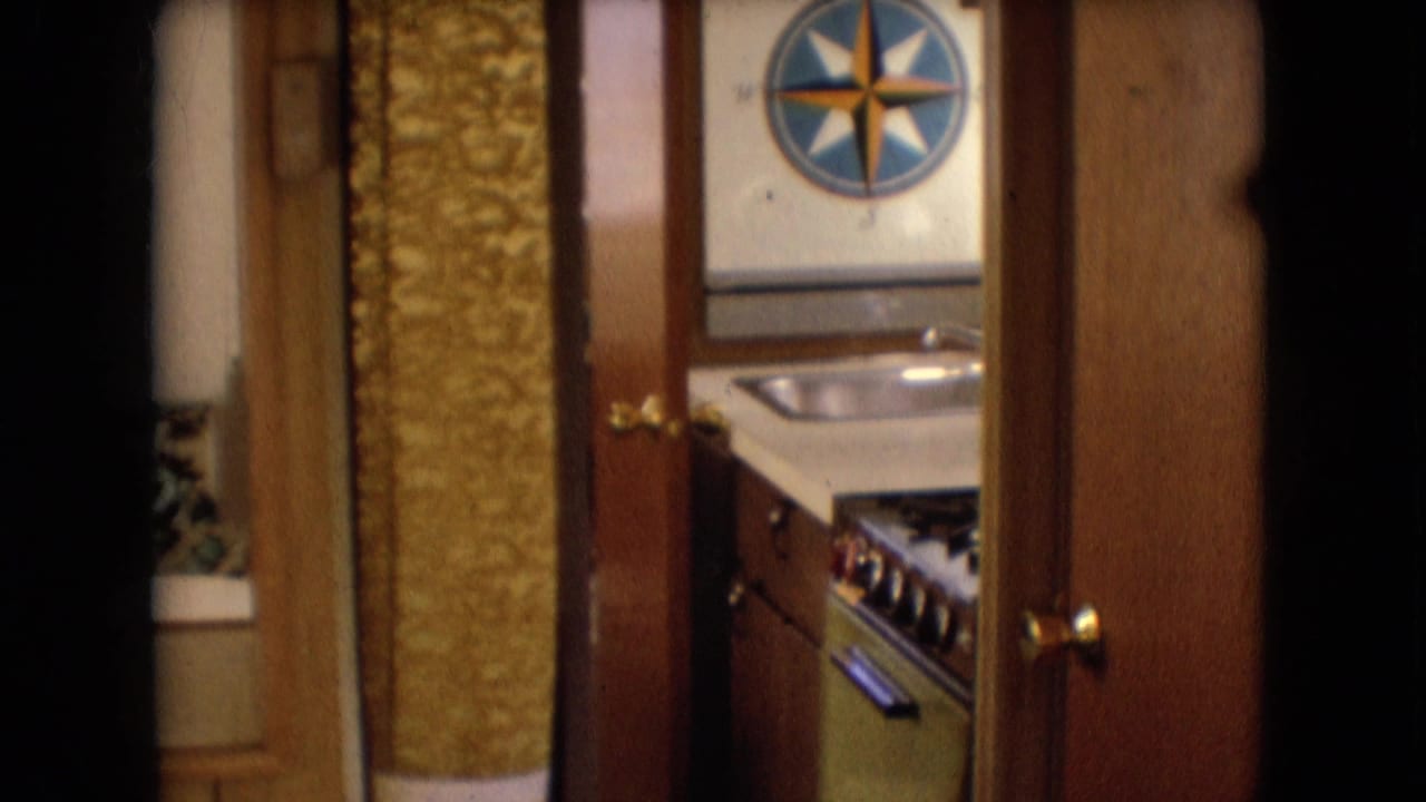 Compact motorhome kitchen area with sink, stove, wood cabinetry, and wall decoration.