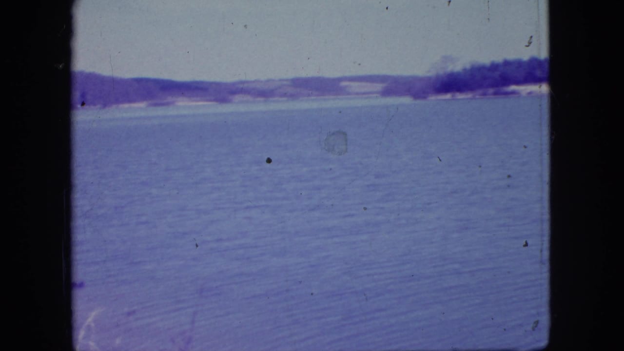 Open lake with distant tree line under a pale sky.