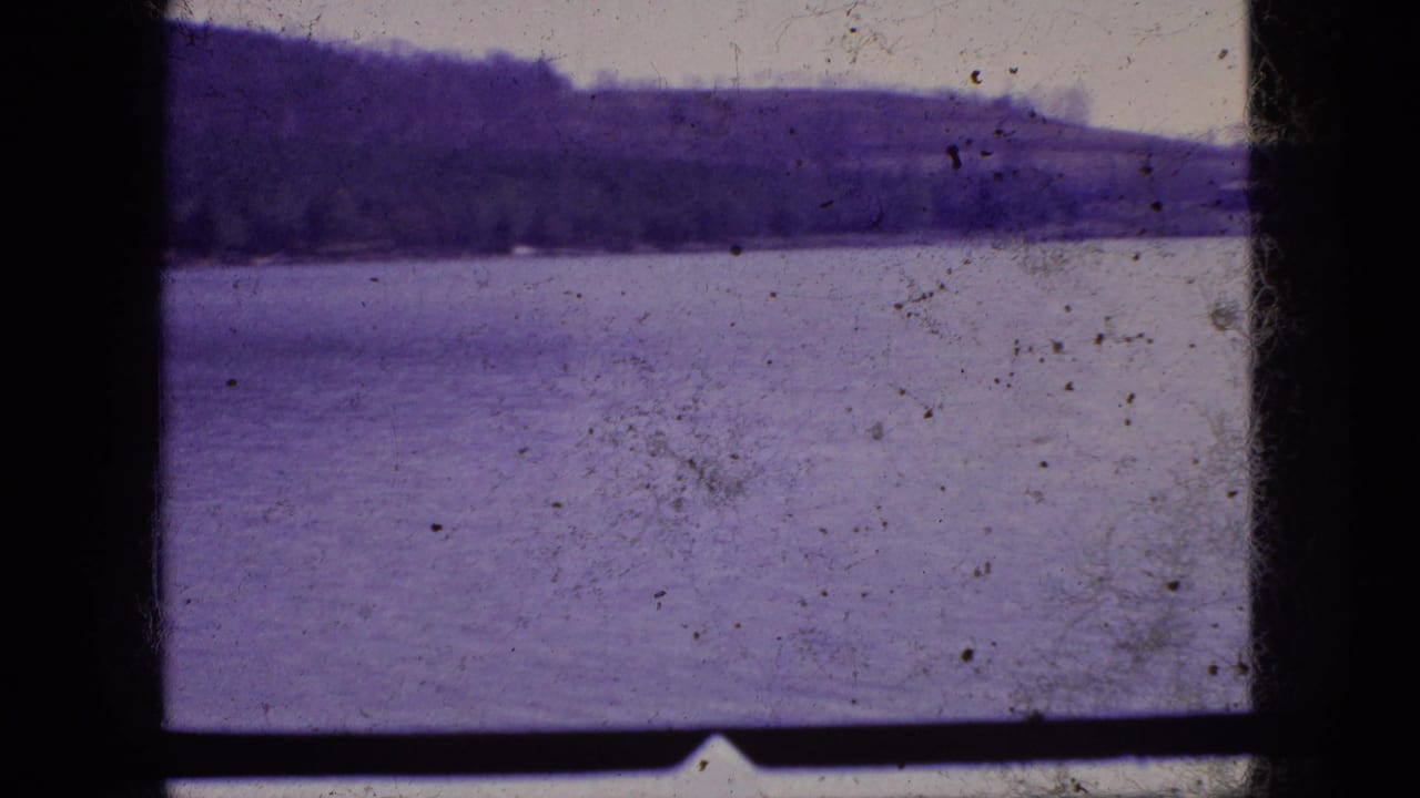 1966 New Jersey 8mm frame showing the lake and far wooded bank under a pale sky, with dust, scratches, and purple fading visible in the film scan.