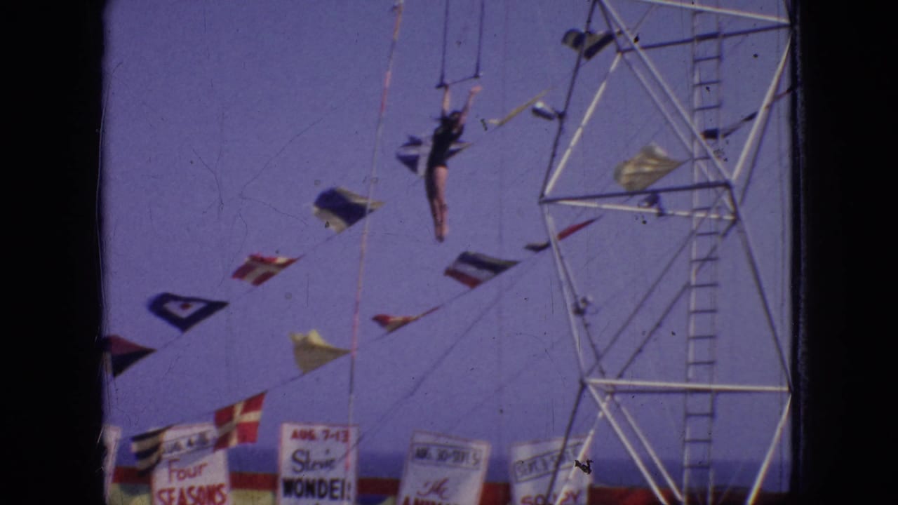 Aerial performer hangs high near ropes, flags, and a metal support tower.