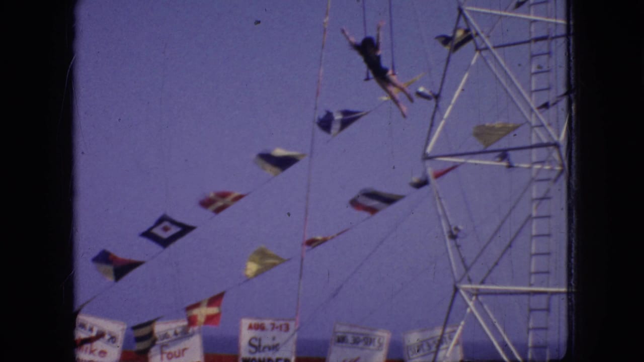 The trapeze artist swings outward from the suspended ropes, framed by strings of flags, partial banners, and the metal aerial rig.