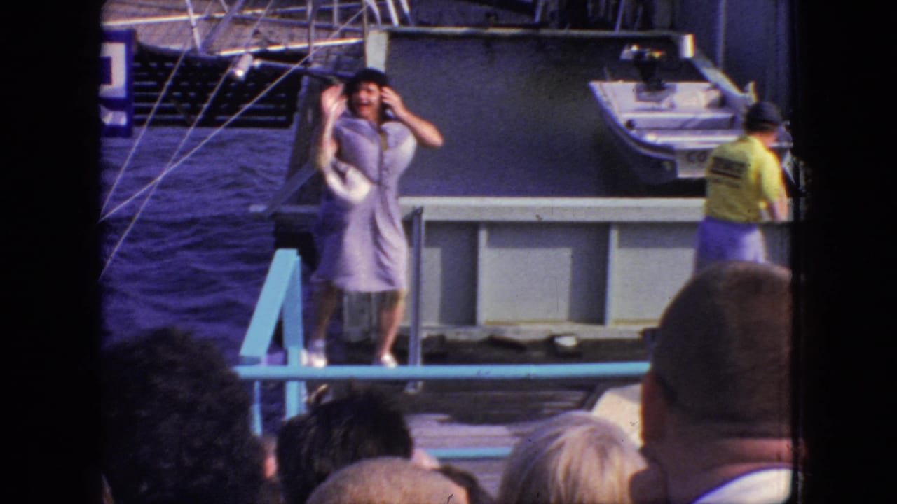 A woman in a light dress stands near the rail on a New Jersey pier during the 1966 seaside show, with spectators and dock equipment visible around her.