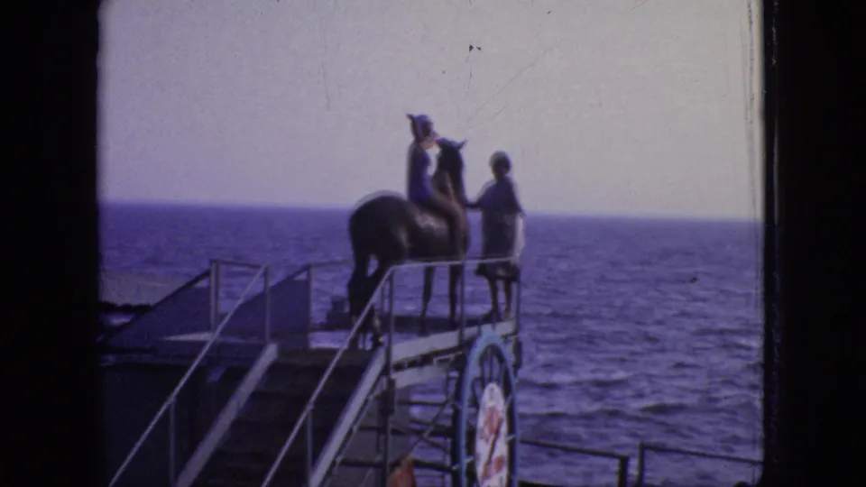 A swimsuit-clad rider sits on a dark horse near a metal ramp while a man assists, with open ocean behind the shipboard deck area.