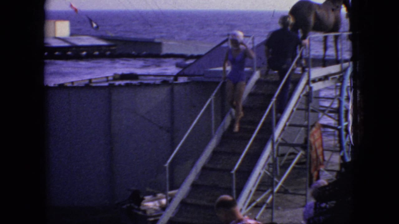 A woman in a blue swimsuit descends the metal ramp or stairs from the deck area, with the horse partly visible above and the waterfront structure behind her.
