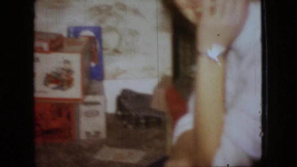 The frame centers on tabletop items and a woman's arm, with boxed or packaged objects visible against a floral interior background in the 1966 home-movie scene.