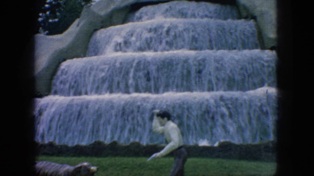 Man reaches toward a tiger figure on grass in front of artificial waterfalls.