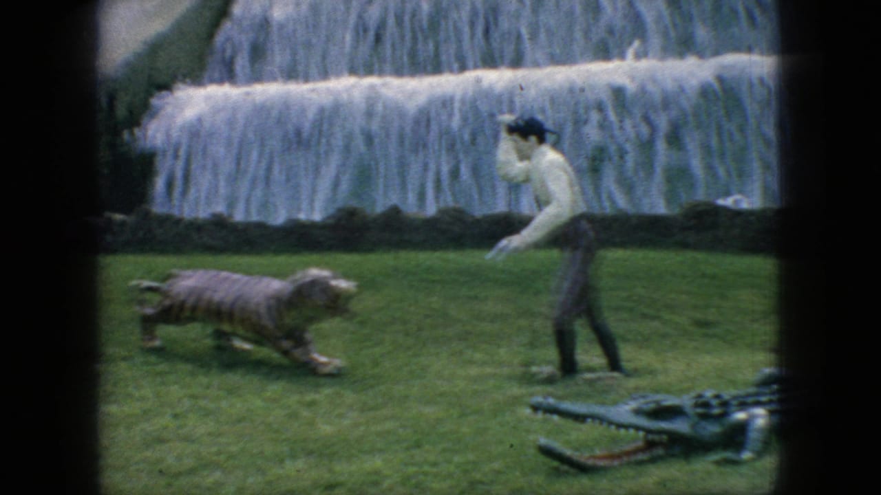 1966 New Jersey home-movie frame showing a man gesturing near a striped tiger figure and large alligator form on grass in front of a tiered artificial waterfall.