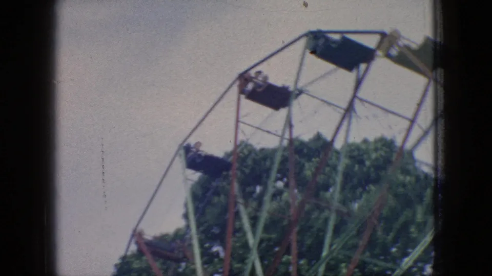 Soft 8mm frame of the Ferris wheel angled above a leafy tree line, with several suspended seats visible against the pale sky.