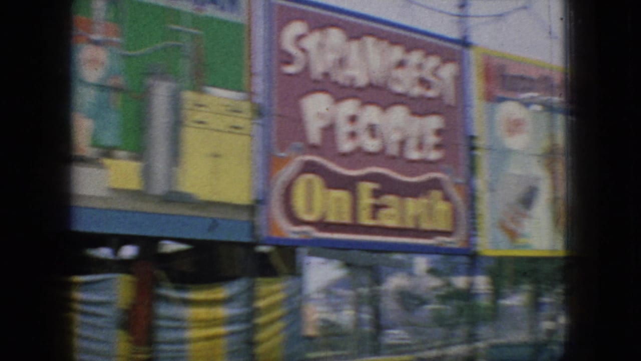Colorful amusement attraction signs with blurred lettering and film-frame borders.