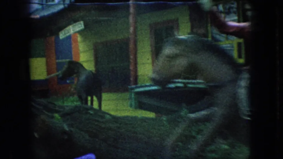 1966 New Jersey 8mm frame showing a dark animal figure near a painted Western-style storefront and wooden railings, filmed from a moving visitor viewpoint.