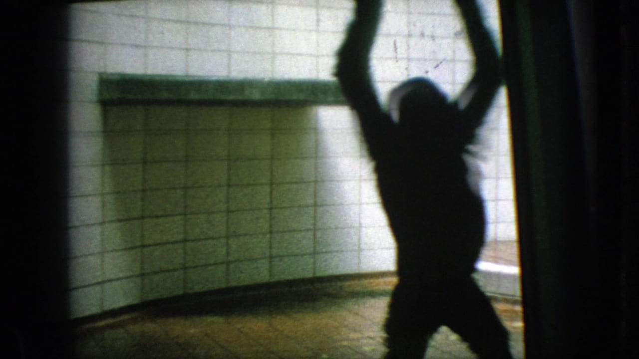 The chimpanzee stands in silhouette with its arms raised against a bright tiled indoor habitat, filmed through glass in the supplied 1966 New Jersey zoo footage.