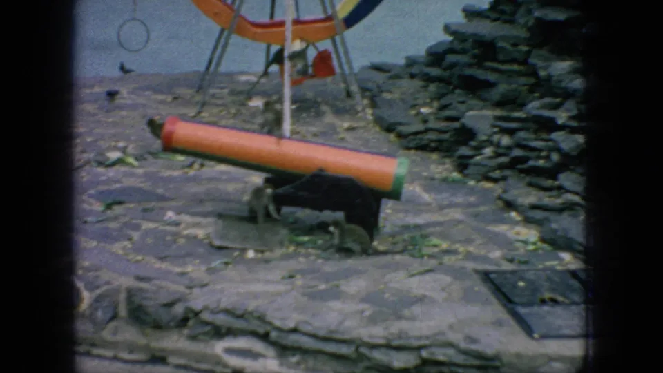 A monkey stands partly beneath the low orange cylinder in the zoo enclosure, framed by stone paving, a rock wall, scattered leaves, and the lower portion of the painted wheel structure.