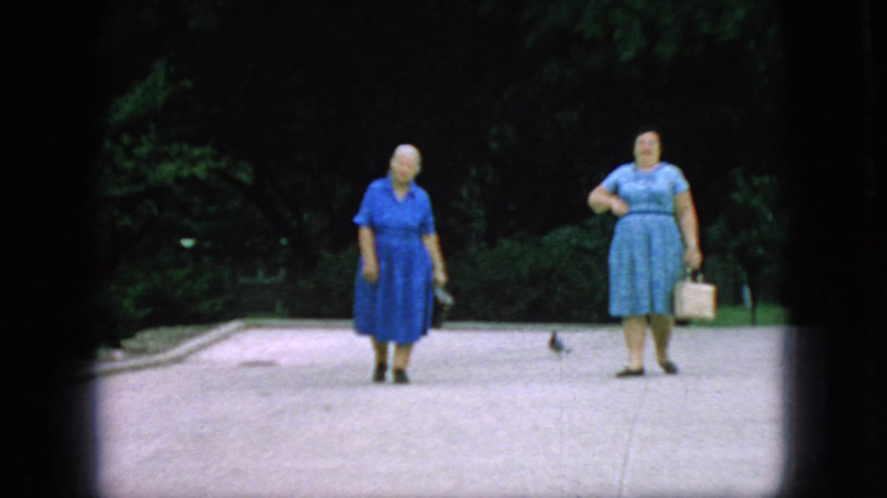 Two older women stand or walk on a paved park path with trees behind them.