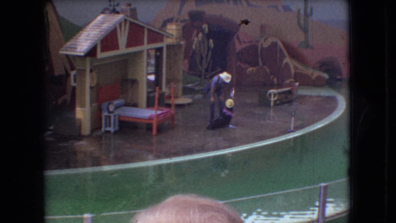 Performer in a white hat stands with a seal on a wet stage in front of a Western set.